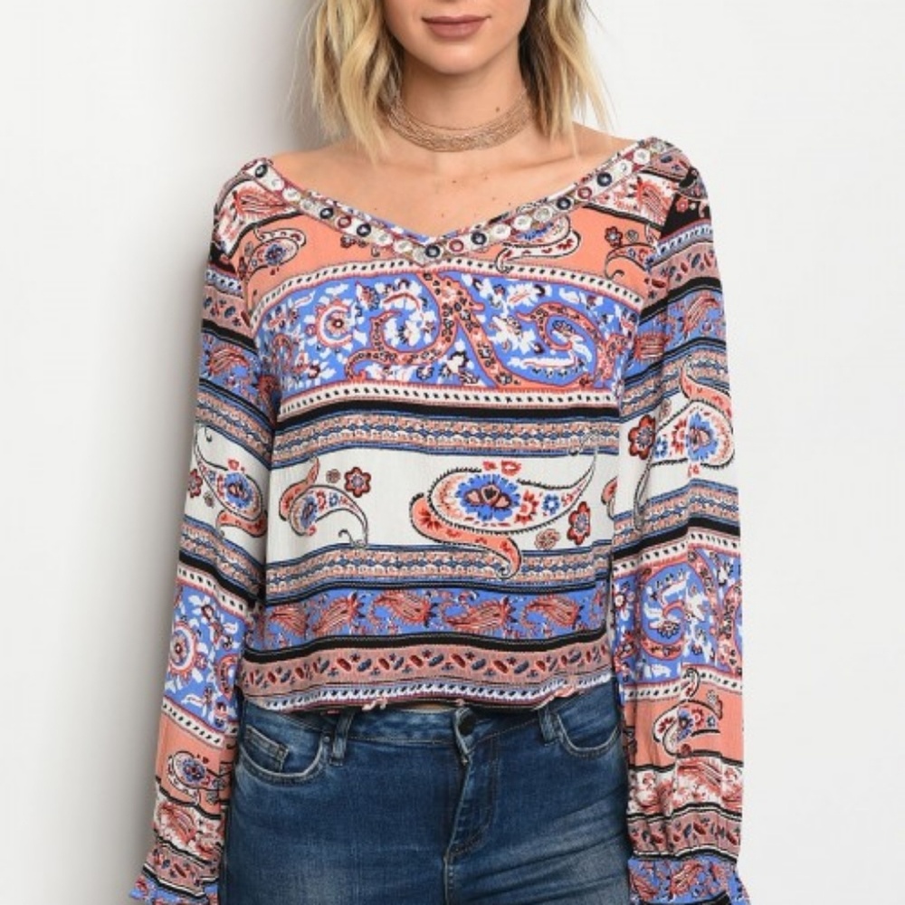 White, Blue, and Peach Blouse